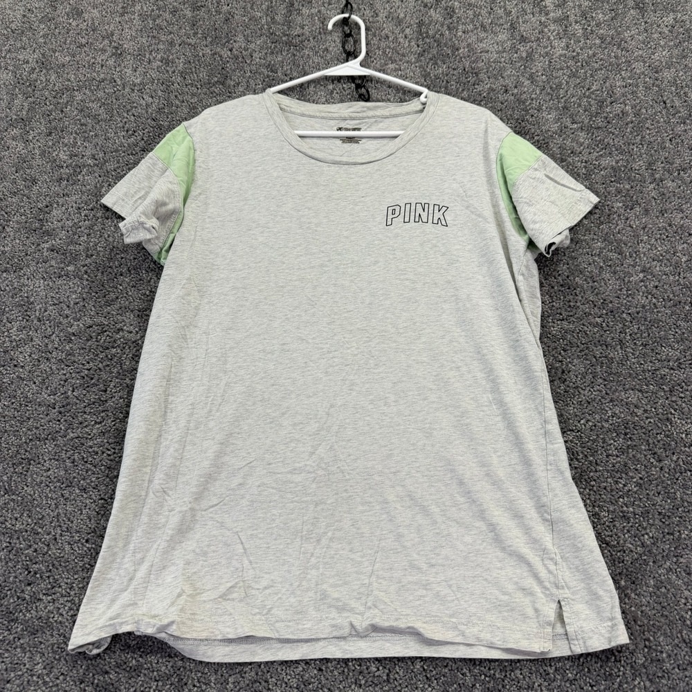PINK Victoria Secret T Shirt Womens Medium Gray Green Short Sleeve Crew Neck Tee